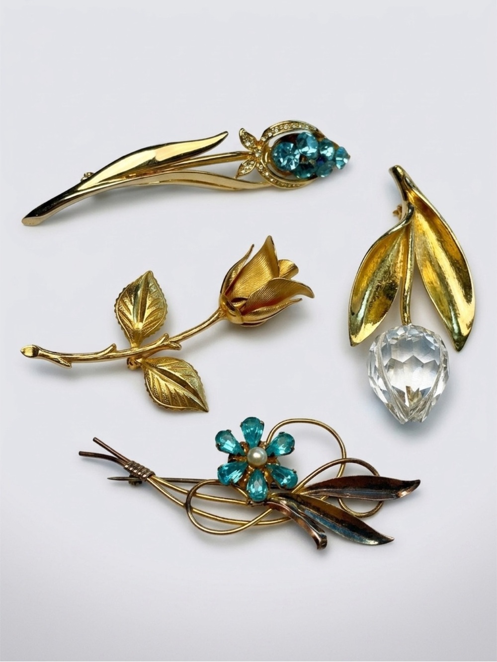 Vintage & Modern 4-Brooch Bundle:Roses&Tulips, Glass, Gold Filled, GUC - Picture 1 of 13